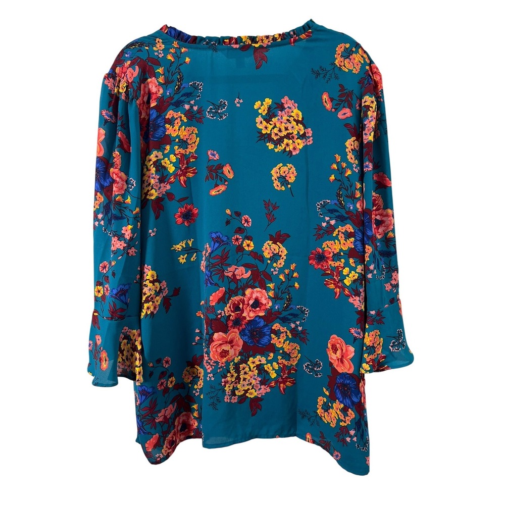The Pioneer Woman Floral Blouse XXL Cottagecore Ruffle Neck Teal Blue - Picture 2 of 6
